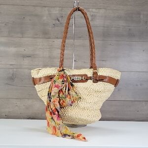 Patricia Nash Woven Straw Tote Bag with Brown Trim and Floral Scarf